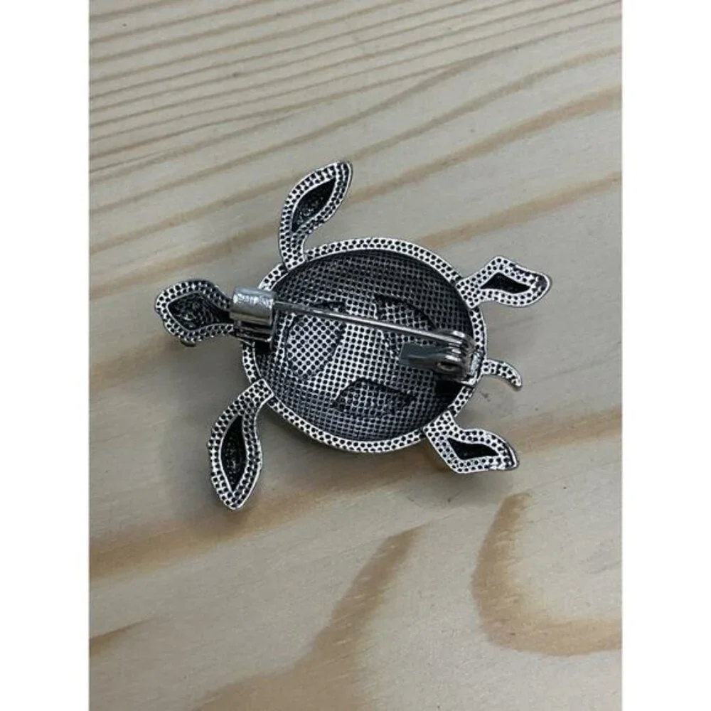 Turtle-Inspired Silver-Tone & Faux Mother-Of-Pearl Brooch Rhinestone Accents